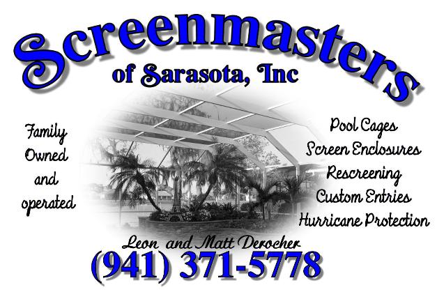 Vintage Screenmasters of Sarasota advertisement graphic listing pool cages, screen enclosures, rescreening, custom entries, and hurricane protection.